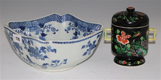 A Chinese blue and white square bowl, diameter 26cms and a famille noire jar and cover